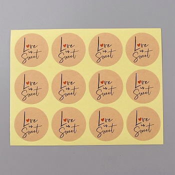 Round Dot Kraft Paper Adhesive Label Stickers, Word Love is Sweet Sealing Decals for Gift Seal Decor, BurlyWood, 156x120x0.3mm, Sticker: 35mm, 12pcs/sheet