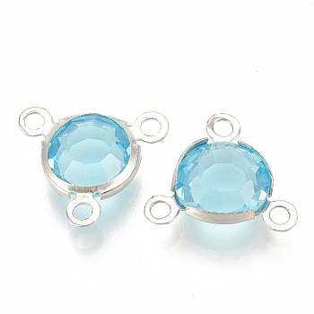 Glass Charms, with 304 Stainless Steel Finding, Flat Round, Faceted, Stainless Steel Color, Light Sky Blue, 12x13x4mm, Hole: 1.5mm