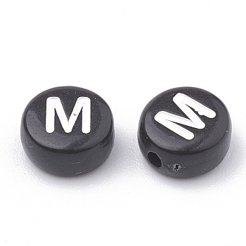 Opaque Acrylic Beads, Horizontal Hole, Alphabet Style, Flat Round, Letter.M, 7x4mm, Hole: 1.5mm, about 370pcs/50g