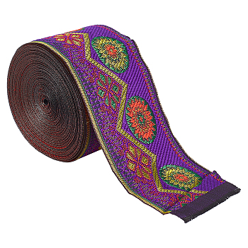 Embroidery Polyester Ribbons, Jacquard Ribbon, Garment Accessories, Floral Pattern, Purple, 2 inch(50mm), 7m/roll