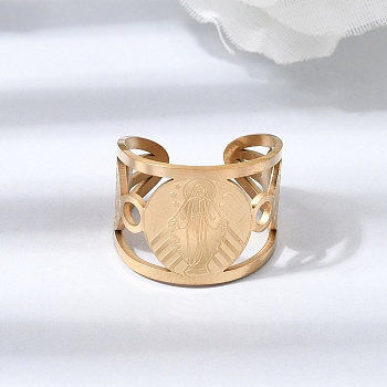304 Stainless Steel Open Cuff Rings for Women, Virgin Mary, Ion Plating(IP), Golden, 15.5mm, US Size 8 1/2(18.5mm)