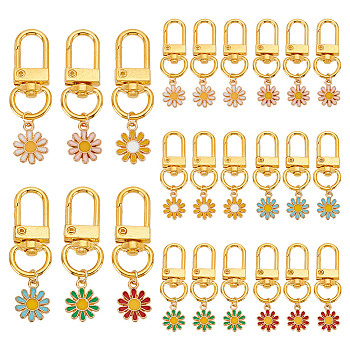 24Pcs 6 Colors Alloy Enamel Pendant Decorations, with Alloy Swivel Clasps, Flower, Mixed Color, 48mm, Pendant: 17mm, 4pcs/color