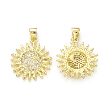 Rack Plating Brass Micro Pave Clear Cubic Zirconia Pendants, Cadmium Free & Lead Free, Long-Lasting Plated, Sun with Moon Charm, Real 18K Gold Plated, 20.5x18x3.5mm, Hole: 4x3.5mm