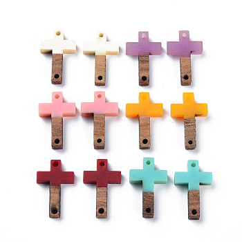 Opaque Resin & Walnut Wood Links Connectors, Two Tone, Cross, Mixed Color, 19x12x3mm, Hole: 1.2mm