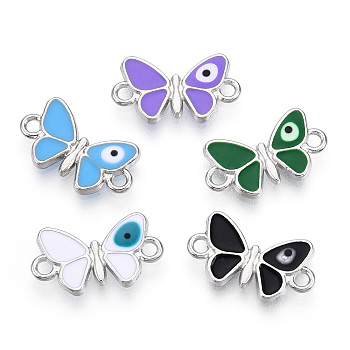 Alloy Enamel Connector Charms, Cadmium Free & Lead Free, Butterfly with Evil Eye Links, Platinum, Mixed Color, 10x17.5x2mm, Hole: 1.6mm