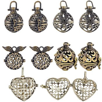 10Pcs 5 Styles Filigree Brass Cage Pendants, For Chime Ball Pendant Necklaces Making, Mixed Shapes, Antique Bronze, 10~38mm, Inner Measure: 16~22x16~25mm, 2pcs/style