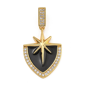 Rack Plating Brass Micro Pave Clear Cubic Zirconia North Star European Dangle Charms, Black Enamel Large Hole Pendants, Real 18K Gold Plated, Long-Lasting Plated, Shield, 37mm, Hole: 3x7.5mm