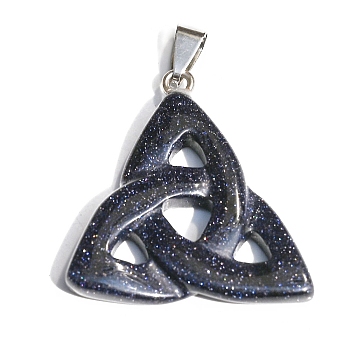 Saint Patrick's Day Synthetic Blue Goldstone Pendants, Triquetra Knot Charms with Platinum Plated Metal Snap on Bails, 34x6mm