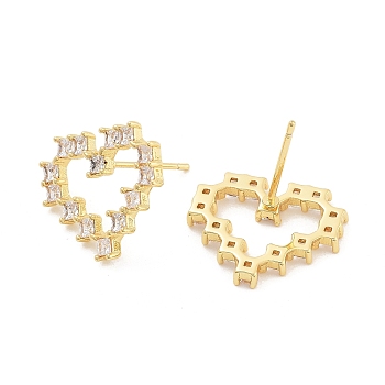 Heart Rack Plating Brass with Clear Cubic Zirconia Stud Earrings for Women, Cadmium Free & Lead Free, Long-Lasting Plated, Real 18K Gold Plated, 15x17mm