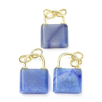Natural Blue Aventurine Pendants, with Golden Brass Findings and Jump Rings, Cadmium Free & Lead Free, Lock, 27x18x5.5mm, Hole: 6mm
