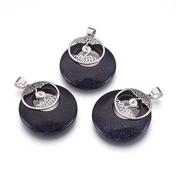 Synthetic Blue Goldstone Pendants, with Platinum Tone Brass Findings, Flat Round with Tree of Life, 32x28x6mm, Hole: 4x5mm