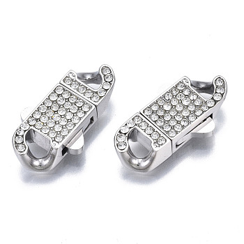 304 Stainless Steel Box Clasps, with Crystal Rhinestone, Oval, Stainless Steel Color, 20x11x4mm, Hole: 2x3.5mm