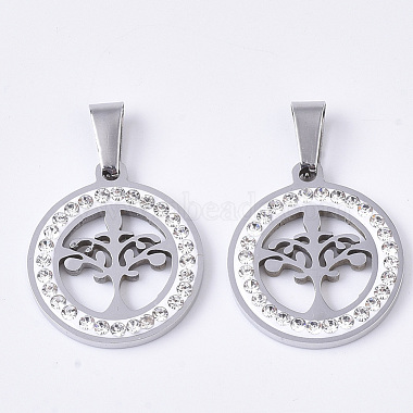 Stainless Steel Color Flat Round Stainless Steel+Rhinestone Pendants