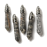 Natural Map Stone Pointed Big Pendants, Faceted Bullet Charms with Rack Plating Platinum Plated Brass Findings, 56~65x11~11.5x10~10.5mm, Hole: 4X3mm(G-Z055-01P-22)