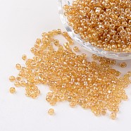 Round Glass Seed Beads, Trans. Colours Lustered, Pale Goldenrod, Size: about 3mm in diameter, hole: 1mm, about 1097pcs/50g(X-SEED-A006-3mm-102)