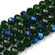 Electroplate Glass Beads Strands, Half Rainbow Plated, Faceted, Rondelle, Dark Green, 10x8mm, Hole: 1mm, about 63~65pcs/strand, 19.2~20 inch(48~50cm)(EGLA-A034-T10mm-L27)