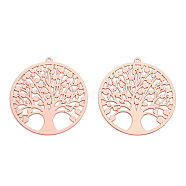 Rack Plating Brass Filigree Pendants, Long-Lasting Plated, Flat Round with Tree of Life Charm, Nickel Free, Rose Gold, 32x30x0.4mm, Hole: 1.2mm(KKC-T001-61RG)