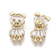 Brass Micro Cubic Zirconia Charms, Nickel Free, Clear, Bear, Real 18K Gold Plated, 12.5x7x4mm, Hole: 0.8mm(KK-N231-84-NF)