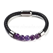 Natural Amethyst Round Bead Braided Leather Cord Bracelets for Men Women, with Ion Plating(IP) 304 Stainless Steel Magnetic Clasps, 8-1/4 inch(21cm)(BJEW-A009-11P-10)