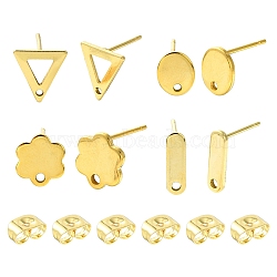 16Pcs 4 Styles 201 Stainless Steel Stud Earring Findings with Hole, 304 Stainless Steel Pins and Ear Nuts, Real 24K Gold Plated, 9~12x3.5~9mm, Hole: 1~1.6mm, Pin: 0.8mm, 4pcs/style(EJEW-FS0001-15)