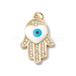 Rack Plating Brass Micro Pave Clear Cubic Zirconia Pendants, with Enamel Heart & Jump Ring, Lead Free & Cadmium Free, Long-Lasting Plated, Hamsa Hand with Evil Eye Charm, Real 18K Gold Plated, 25x16.5x3mm, Hole: 3mm(KK-H434-34G)