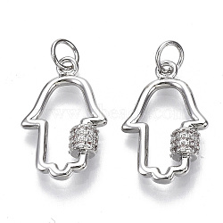 Brass Micro Pave Clear Cubic Zirconia Pendants, with Jump Rings, Hamsa Hand/Hand of Fatima/Hand of Miriam, Nickel Free, Real Platinum Plated, 20x13x4mm, Jump Rings: 5x1mm, Inner Diameter: 3mm(KK-N227-24P-NF)