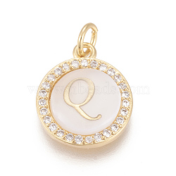 Brass Micro Pave Cubic Zirconia Pendants, with Shell, Long-Lasting Plated, Lead Free & Cadmium Free & Nickel Free, Real 18K Gold Plated, Flat Round with Letter, Clear, Letter.Q, 16x13.5x3mm, Hole: 3mm(ZIRC-L078-043Q-NR)