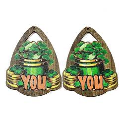 Saint Patrick's Day Single Face Printed Wood Big Pendants, Teardrop Charms with Clover, Green, 54x41.5x2.5mm, Hole: 2mm(WOOD-E016-10)