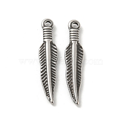 304 Stainless Steel Pendants, Feather Charm, Antique Silver, 28.5x6x2.5mm, Hole: 1.8mm(STAS-L022-212AS)