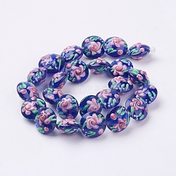 Handmade Bumpy Lampwork Beads Strands, Flat Round with Flower, Medium Blue, 17~20.5x10~14mm, Hole: 1.4mm(LAMP-K027-06C)