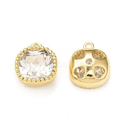 Clear Glass Pendnants, with Brass Findings, Square Charms, Real 18K Gold Plated, 11.5x9.5x4.5mm, Hole: 1mm(KK-P228-18G)