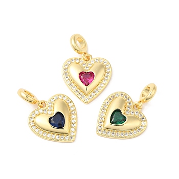 Heart Brass Micro Pave Cubic Zirconia European Dangle Charms, Real 16K Gold Plated, Large Hole Charms, Mixed Color, 23mm, Hole: 4mm, Heart: 16x15.5x3mm