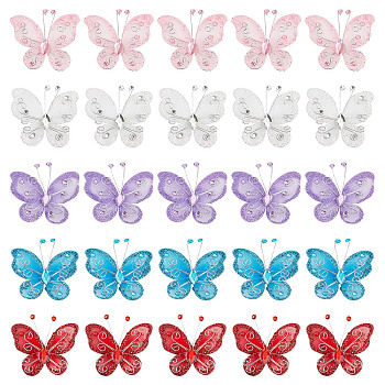 25Pcs 5 Colors Organza Wedding Decorations, with Acrylic Cabochons and Iron Findings, Butterfly, Mixed Color, 60x51x8mm, 5pcs/color