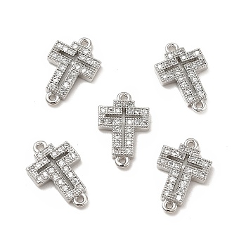 Brass Micro Pave Clear Cubic Zirconia Connector Charms, Religion Cross Links, Platinum, 15x9.5x2mm, Hole: 1mm