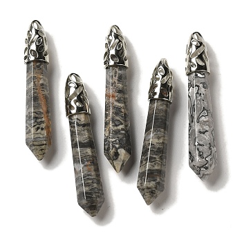 Natural Map Stone Pointed Big Pendants, Faceted Bullet Charms with Rack Plating Platinum Plated Brass Findings, 56~65x11~11.5x10~10.5mm, Hole: 4X3mm