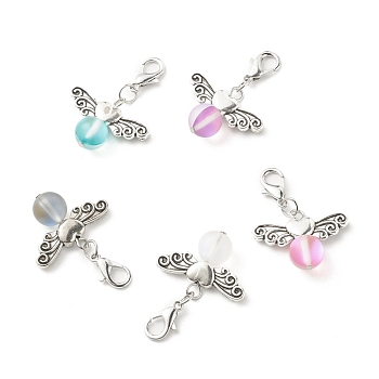 Frosted Synthetic Moonstone Pendants Decorations, with Alloy Heart Wing and Zinc Alloy Lobster Claw Clasps, Mixed Color, 31mm, Pendant: 18x23.5x8.5mm