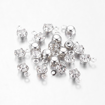 Platinum Plated Brass Middle East Rhinestone Flat Round Pendants, Clear, 6.5x4x3.5mm, Hole: 1mm
