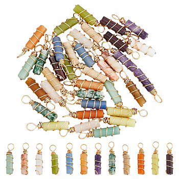 36Pcs 12 Styles Natural Mixed Gemstone Pendants, Light Gold Plated Copper Wire Wrapped Column Charms, 23x4mm, Hole: 3mm, 3pcs/color