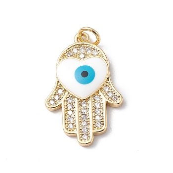 Rack Plating Brass Micro Pave Clear Cubic Zirconia Pendants, with Enamel Heart & Jump Ring, Lead Free & Cadmium Free, Long-Lasting Plated, Hamsa Hand with Evil Eye Charm, Real 18K Gold Plated, 66x25.5x3mm, Hole: 3mm