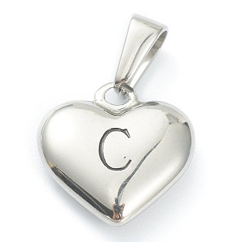 304 Stainless Steel Pendants, Heart with Black Letter, Stainless Steel Color, Letter.C, 16x16x4.5mm, Hole: 7x3mm