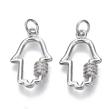 Brass Micro Pave Clear Cubic Zirconia Pendants, with Jump Rings, Hamsa Hand/Hand of Fatima/Hand of Miriam, Nickel Free, Real Platinum Plated, 20x13x4mm, Jump Rings: 5x1mm, Inner Diameter: 3mm
