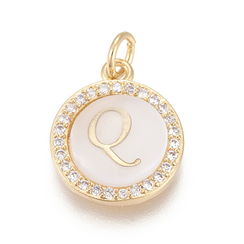 Brass Micro Pave Cubic Zirconia Pendants, with Shell, Long-Lasting Plated, Lead Free & Cadmium Free & Nickel Free, Real 18K Gold Plated, Flat Round with Letter, Clear, Letter.Q, 16x13.5x3mm, Hole: 3mm