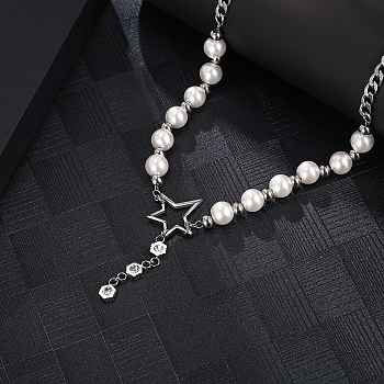 Star Pendant Necklace with Imitation Pearl, Stainless Steel Curb Chain Necklaces for Men and Women