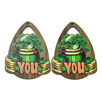 Saint Patrick's Day Single Face Printed Wood Big Pendants, Teardrop Charms with Clover, Green, 54x41.5x2.5mm, Hole: 2mm