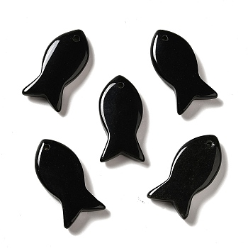 Natural Obsidian Pendants, Fish Charms, 39x20x7~7.5mm, Hole: 2.3mm