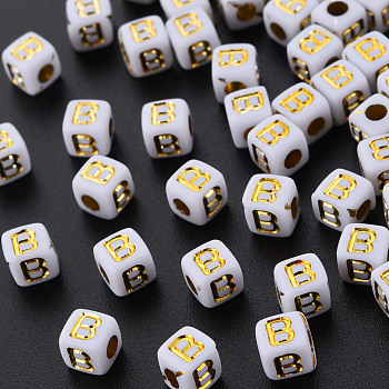Opaque White Acrylic Beads, Metal Enlaced, Cube with Letters, Letter.B, 4.5mm, Hole: 2mm, about 5000pcs/500g