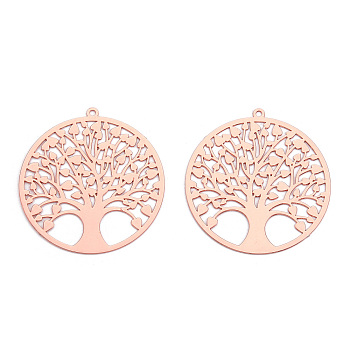 Rack Plating Brass Filigree Pendants, Long-Lasting Plated, Flat Round with Tree of Life Charm, Nickel Free, Rose Gold, 32x30x0.4mm, Hole: 1.2mm