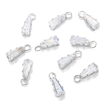 Brass Clear Cubic Zirconia Charms, Long-Lasting Plated, Trapezoid, Platinum, 11x3.5x3mm, Hole: 2mm