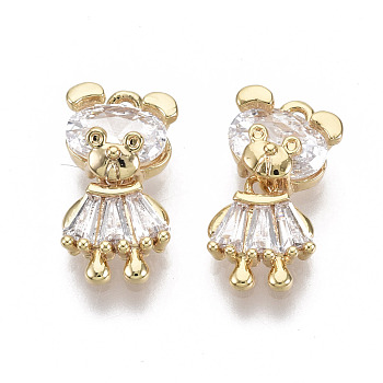 Brass Micro Cubic Zirconia Charms, Nickel Free, Clear, Bear, Real 18K Gold Plated, 12.5x7x4mm, Hole: 0.8mm