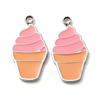 304 Stainless Steel Enamel Pendants, Ice Cream Charms, Stainless Steel Color, Pink, 18x9.5x1.5mm, Hole: 1.2mm